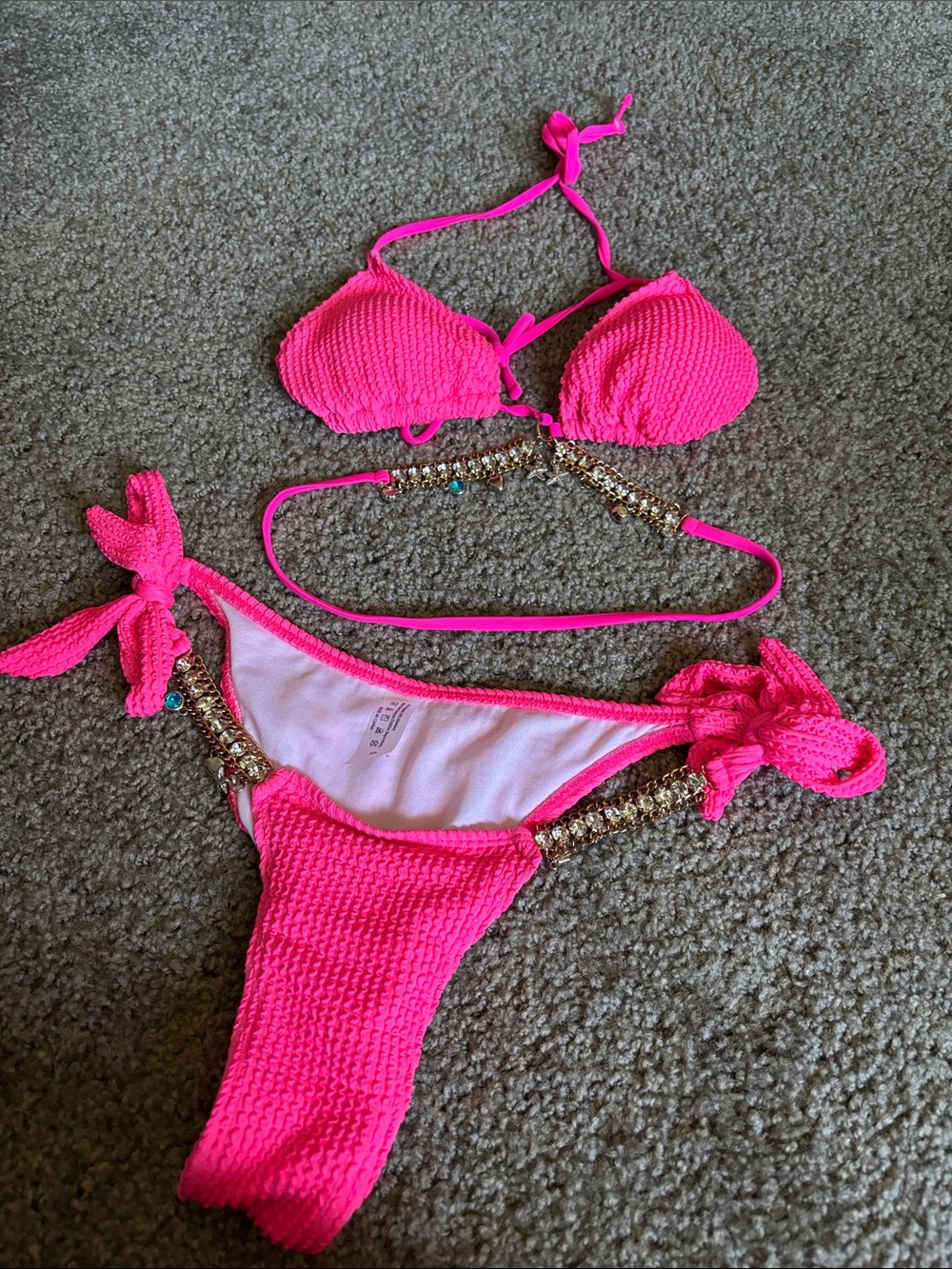 Sexy Pink Textured Tie-Side Bikini with Gold Bead Details